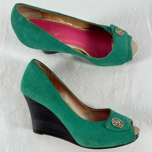 Lilly Pulitzer Suede Peep Toe Wedge Slip‎ On Heels in Teal Size 6 - Picture 1 of 9